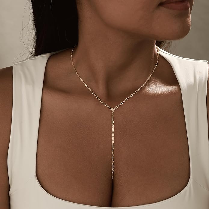 Long Gold Necklace for Women Trendy, Dainty Layered Lariat Necklace 14k Gold Plated Silver Y Shaped Beaded Chain Non Tarnish Drop Necklaces Simple Adjustable Jewelry Gift