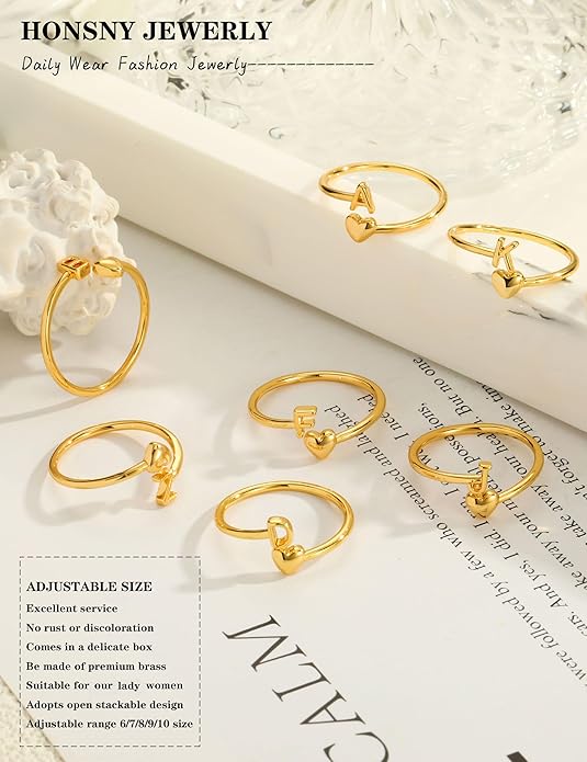 Honsny Gold Initial Rings for Women Non Tarnish 18K Gold Plated Heart Initial Stackable Rings Adjustable Pinky Rings for Women Cute Dainty Alphabet Capital Letter Rings Jewerly Gift