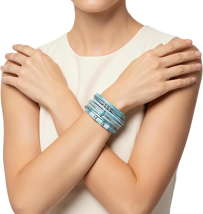 Edoneery Leather Wrap Bracelet for Women, Boho Handmade Multi-Layer Cuff with Crystal Beads Heart, Stackable Bangle Western Jewelry Gift