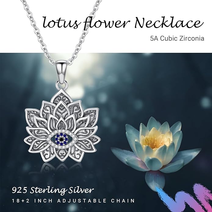Evil Eye Necklace 925 Sterling Silver Lotus Flower Necklace Spiritual Necklace Jewelry for Women