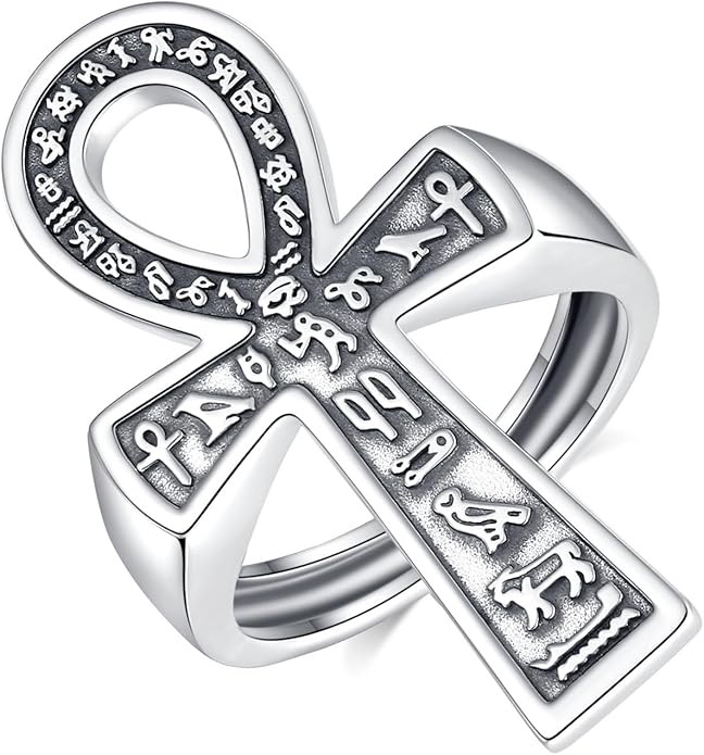 EUDORA S925 Sterling Silver St Benedict Ring San Benito Rings for Women Men, Vintage Ankh Cross Ring Saint Benedict Amulet Adjustable Rings Gifts for Women Mens Father Mother