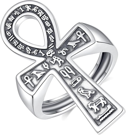 EUDORA S925 Sterling Silver St Benedict Ring San Benito Rings for Women Men, Vintage Ankh Cross Ring Saint Benedict Amulet Adjustable Rings Gifts for Women Mens Father Mother