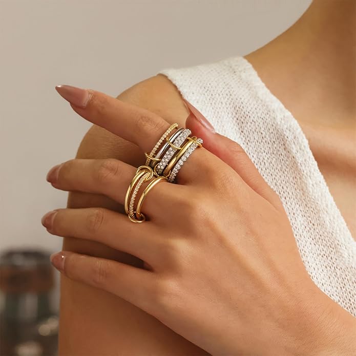 FUSAHURIY 2PCS Gold Stackable Rings Set for Women, 14K Gold Plated Interlocking Linked Rings with Cubic Zirconia, Gold Silver Mixed Metal Stackable Ring, Statement Jewelry Gifts