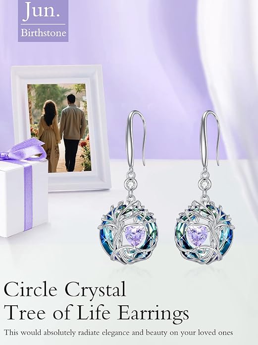 TOUPOP Tree of Life Birthstone Earrings for Women 925 Sterling Silver Family Tree Dangle Earrings Austrian Crystal Jewelry Birthday Christmas Gifts for Her Girlfriend Wife Mom