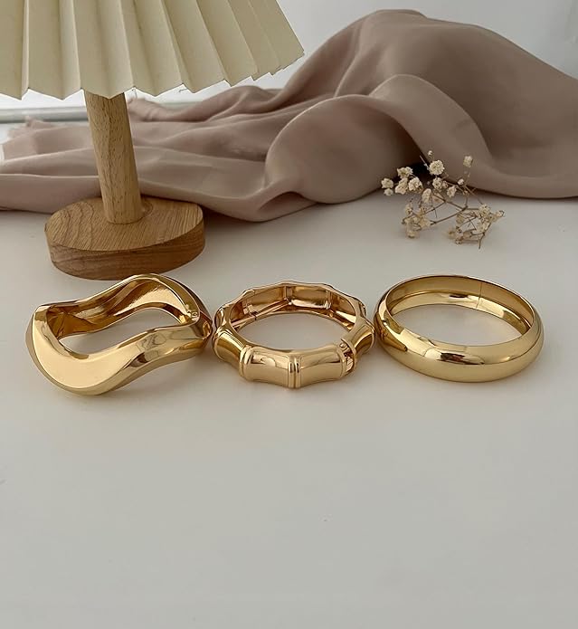 Chunky Gold Bangle Bracelets for Women, 14k Dainty Gold Cuff Stackable Bracelet Set, Trendy Bracelet Stack Fashion Jewelry Gifts