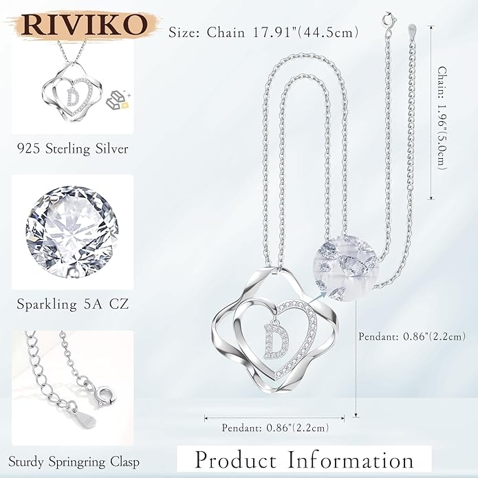 RIVIKO Love Knot Initial Necklace,925 Sterling Silver Letter Pendant Necklaces,Personalized Alphabet Jewelry Christmas Birthday Gifts for Women Wife Mom Friend