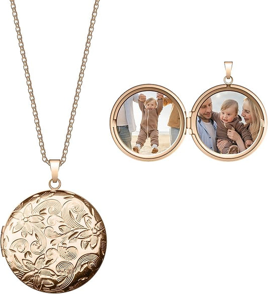 Locket Necklace for Women Girls, 18” Jewelry Chain, Picture Photo Inside, Cadenas para mujer, Personalized Custom Name Gold Locket, Customized Couples Locket, Silver, Rose Gold, Gold