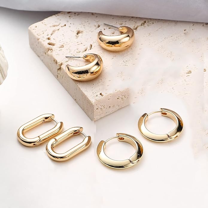 14K Gold Plated Hoop Earrings for Women, Hypoallergenic Chunky Gold Plating Hoop Earrings Multipack, Lightweight Twisted Huggie Hoops Earring Set Jewelry for Gifts