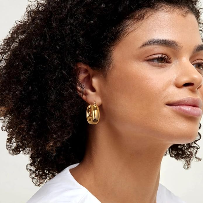 8YEARS Chunky Gold Hoop Earring for Women, 18K Gold Plated Lightweight Thick Hoops, Hypoallergenic Trendy Jewelry for Gift