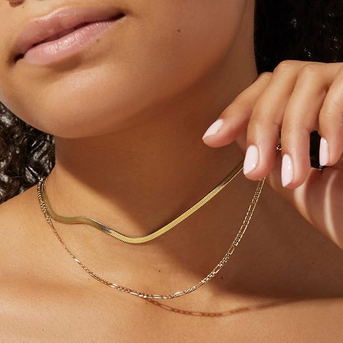 Freekiss Herringbone Necklace for Women,Dainty Gold Necklace,14k Gold Plated Snake,Gold Chain Choker Necklaces,Simple Gold Layered Necklaces,Gold Jewelry Gift for Women