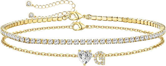 Gold Initial Ankle Bracelets for Women Waterproof 14K Gold Filled Layered Anklets for Women Non Tarnish Women's Anklets Adjustable Large Ankle Summer Beach Foot Jewelry