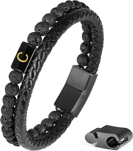 FOCOOG Leather Bracelets for Mens Gifts - Premium Genuine Leather Natural Lava Rock Matte Agate Adjustable Stainless Steel Magnetic Clasp Initial Bracelet, Unique Gifts for Men Husband Dad Son