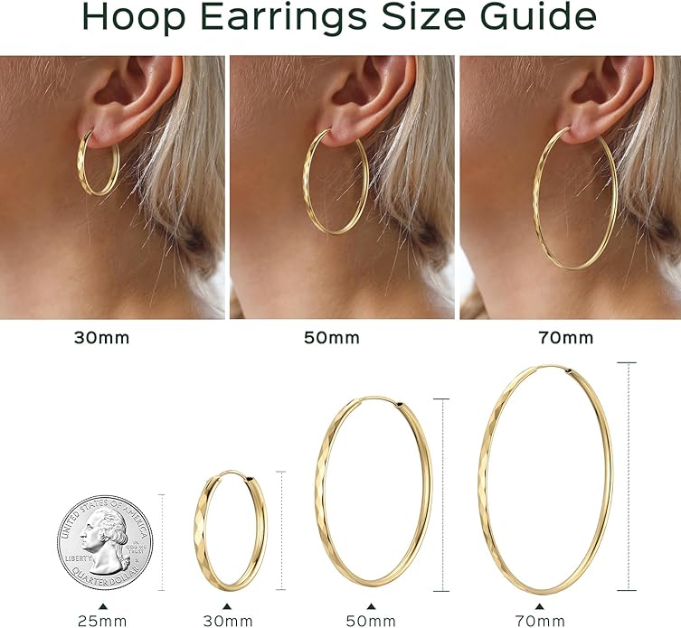 ChicSilver Hypoallergenic 925 Sterling Silver Hoop Earrings for Women, Lightweight Large Gold Plated Hoop Earrings, Endless Hoops Huggie Earrings 15/20/30/50/70MM