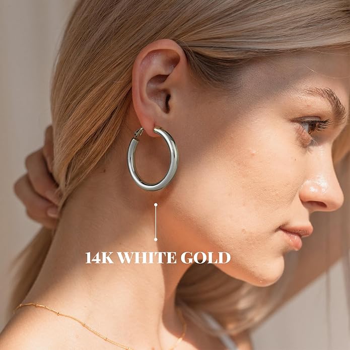 SHOWNII Chunky Gold Hoop Earrings - 14K Gold Plated Earrings for Women Hollow Tube Thick Hoops Graduation Gifts for Her