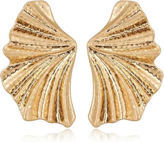 Chunky Gold Statement Earrings For Women Gold Plated Sectored Flower Leaf Shell Angel Wing Earrings Large Stud Earrings Hypoallergenic Earrings