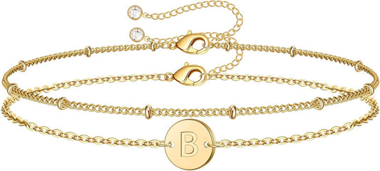 MONOZO Gold Initial Bracelets for Women Girls Christmas Gifts - Dainty 14K Gold Plated Layered Beaded Letter Initial Bracelet 26 Alphabet Disc Monogram Charm Bracelet Jewelry Christmas Gifts for Women