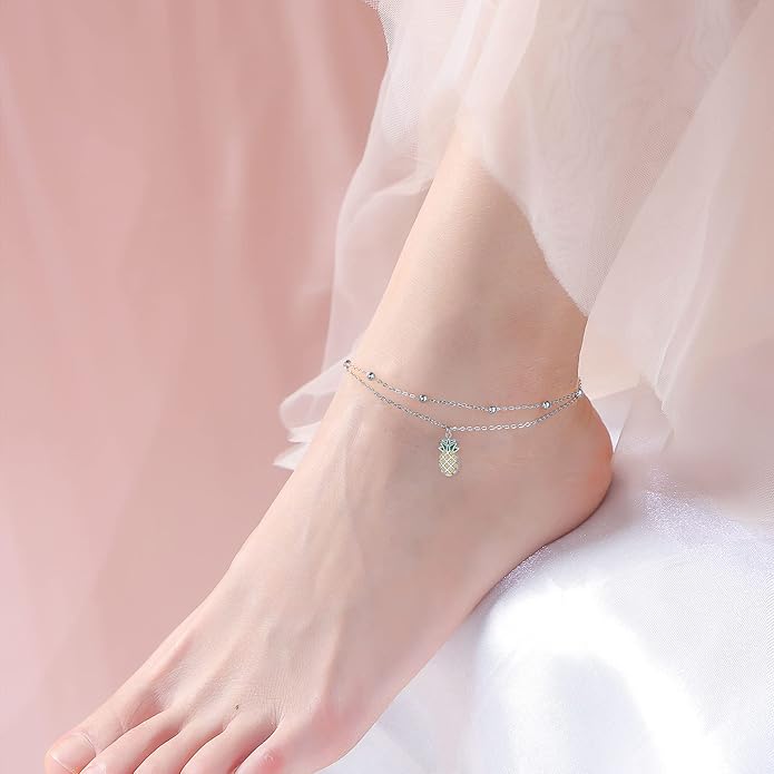 FLYOW Anklet for Women S925 Sterling Silver Adjustable Foot Beaded Heart Charm Ankle Bracelet Anklets Jewelry