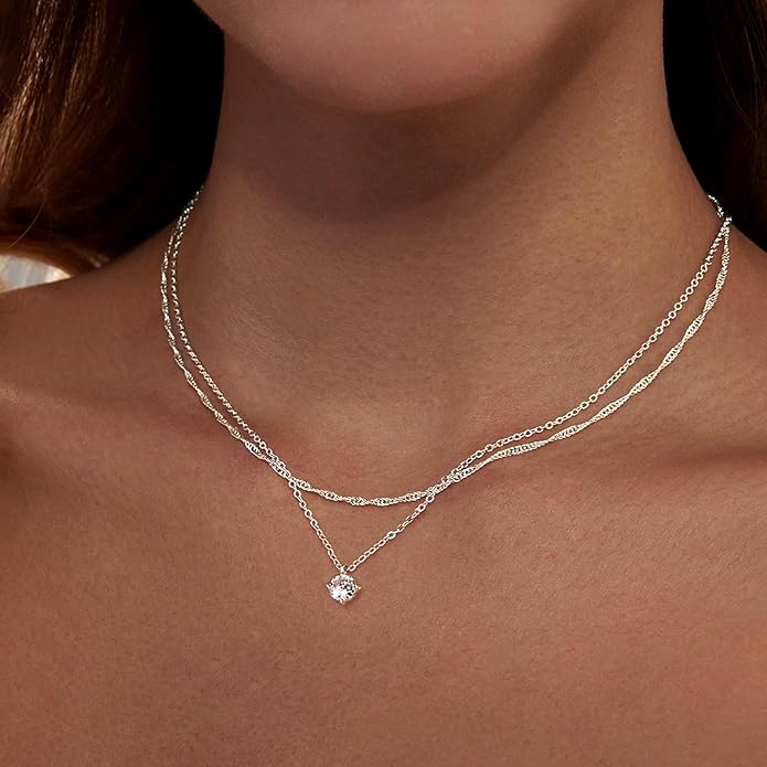Zeffy Diamond Necklaces for Women, Dainty Gold Necklace 18k Gold Plated Layered Necklaces Simple Gold CZ Diamond Pendant Necklaces for Women Trendy Jewelry Gifts for Girls