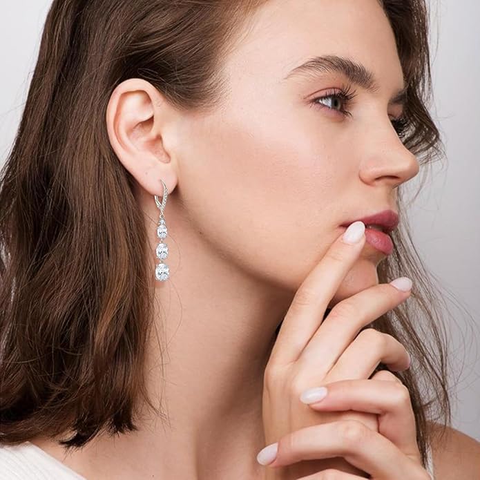 Women 925 Sterling Silver Birthstone 3-stone Leverback Drop Dangle Earrings 5A Cubic Zirconia Jewelry for Her