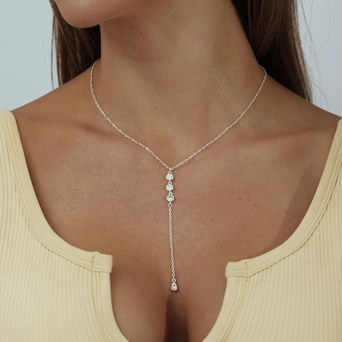 Gold Y Necklace for Women 14K Gold Plated Y-Shaped Drop Necklaces CZ Long Necklace Cubic Zirconia Pendant Layered Long Lariat Necklace Women Jewelry