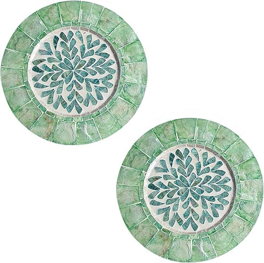 i-lan 2Pack 13" Mother of Pearl Decorative Charger Plates Display,Sea Shell Inlay Wood Charger Plates for Dining, Party,Diner Table Modern Decorative Placemats for Home Decor,Blue-green Leaf