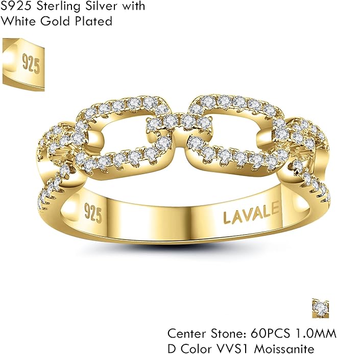 LAVALE Moissanite Wedding Band for Women,Twist Link D Color VVS1 Lab Created Diamond Rings,Half Eternity Stackable Band Ring,S925 Sterling Silver Chain Link Ring