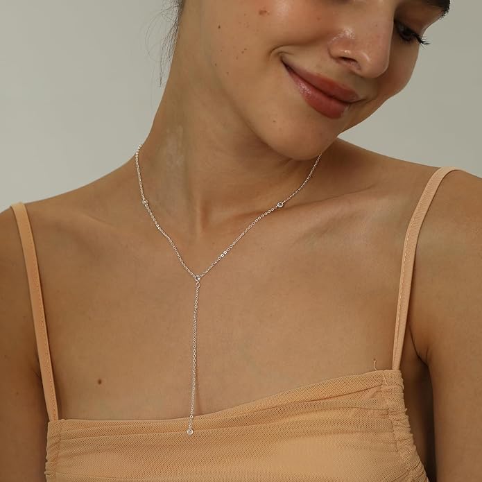 Gold Necklace for Women, Dainty Gold Long Necklaces 14k Gold Plated Prom Bar CZ Lariat Necklace Simple Choker Necklaces for Women Trendy Boho Fashion Costume Jewelry Womens