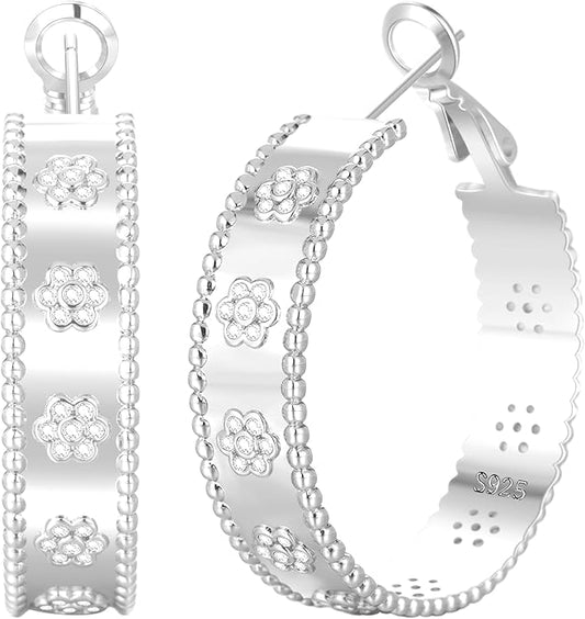 Senteria 8mm Wide 925 Sterling Silver Hoop Earrings for Women Hypoallergenic Chunky Silver Hoop Earrings with Flower Large Thick Hoops Earring Lightweight 14K Gold Plated Hoops for Women 25/30/40/50mm