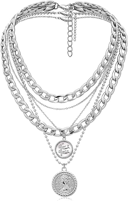 MJartoria Layered Necklaces for Women Trendy Retro Coin Pendant Necklace Dainty Chunky Chain Choker Necklaces for Jewelry Birthday Gifts