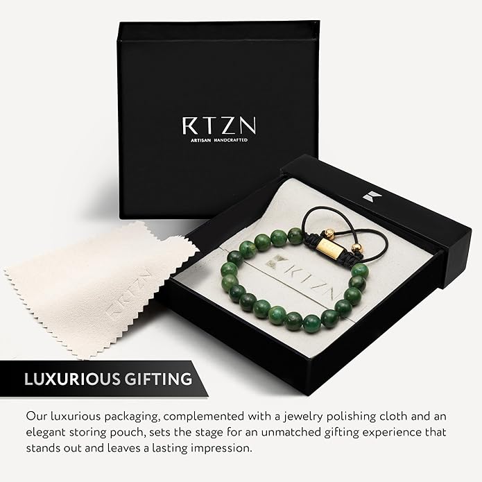 RTZN Jade Bracelet for Men – Premium Artisan Handcrafted Authentic Dark Green Jade Bracelet – 8MM Beaded Stone Mens Jade Bracelets