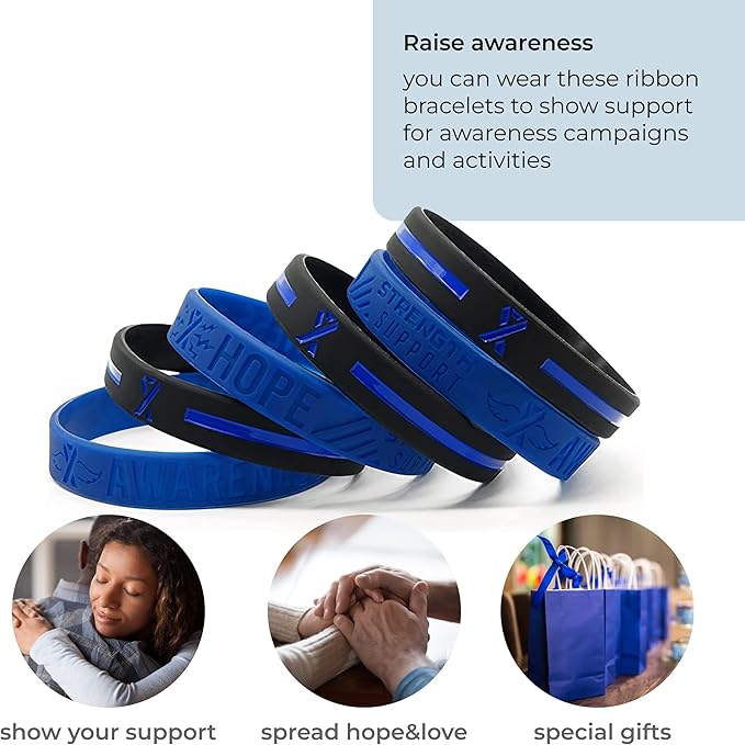 Inkstone (12-pack) Blue Awareness Ribbon Silicone Wristbands - Wholesale Bulk Pack of 1 Dozen Bracelets in Unisex Adult Size…