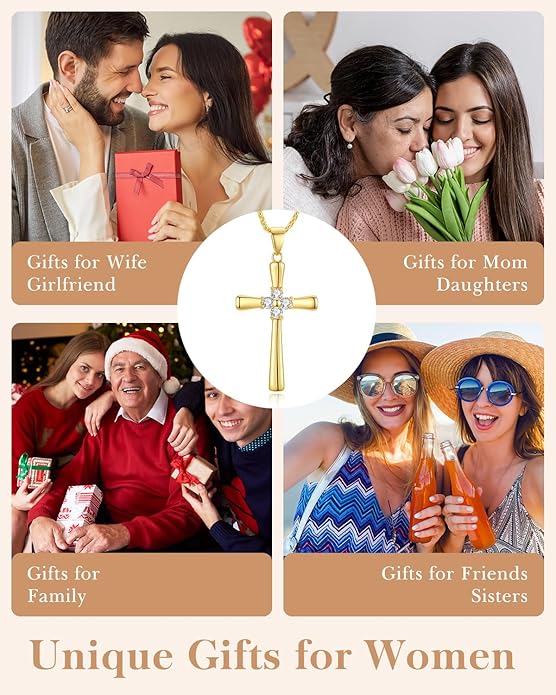 Gold Moissanite Cross Necklace for Women Wife in Light-Up Gift Box,Love Card - Women Anniversary Birthday Gifts Ideas for Wife Her Girlfriend, Christian Cross Chain Jewelry(18K Real Gold Filled)