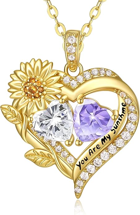 Sunflower Heart Necklace for Women 14K Gold Exquisite Anniversary Birthday Gifts for Wife Mother Her Double Birthstone Pendant jewelry‘You Are My Sunshine’