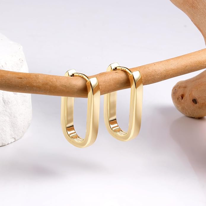 925 Sterling Silver Hoop Earrings for Women Small Square Hypoallergenic 14K Gold Plated Hoop Earrings Geometric Minimalist Rectangle Hoops