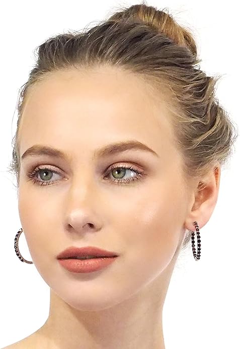Hoop Earrings with 40 Colored Gemstones, Birthstone Earrings, 925 Sterling Silver Rhodium Plated, Push Back Closure, 1.18'