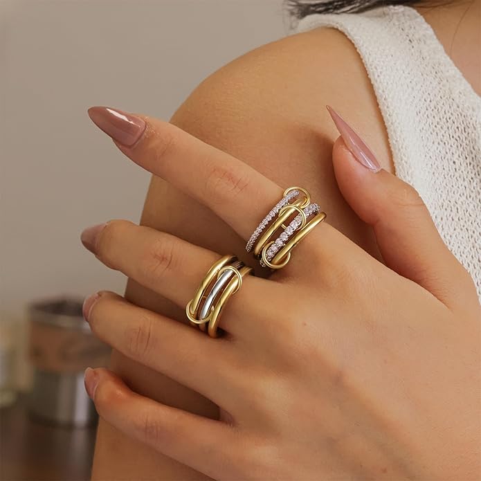 FUSAHURIY 2PCS Gold Stackable Rings Set for Women, 14K Gold Plated Interlocking Linked Rings with Cubic Zirconia, Gold Silver Mixed Metal Stackable Ring, Statement Jewelry Gifts