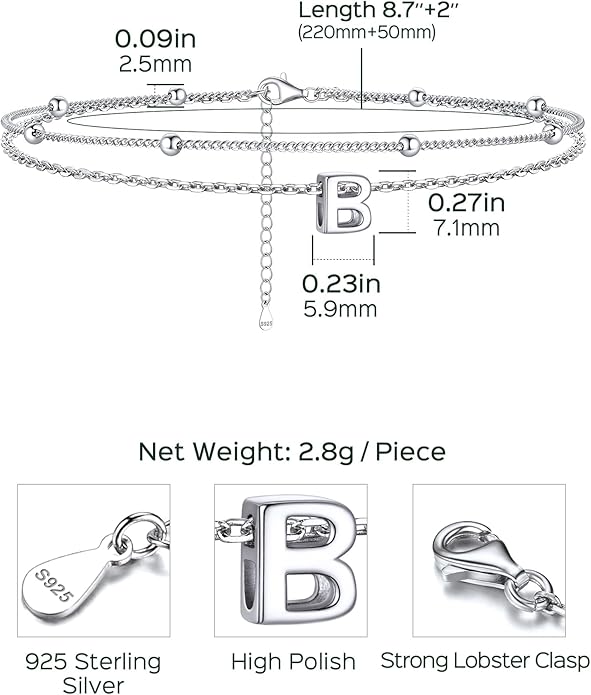 ChicSilver Ankle Bracelets for Women Waterproof, 925 Sterling Silver Initial Anklets for Women, Adjustable Dainty Layered Anklet Beach Jewelry for Women Mom Wife Friend