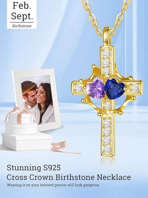 Zeuslia Double Birthstone Necklace Gifts for Wife - 925 Sterling Silver Sunflower/Rose/Crown Cross/Compass/Heart Pendant I Love You Necklace, Anniversary Birthday Gifts for Wife Girlfriend Mom Her
