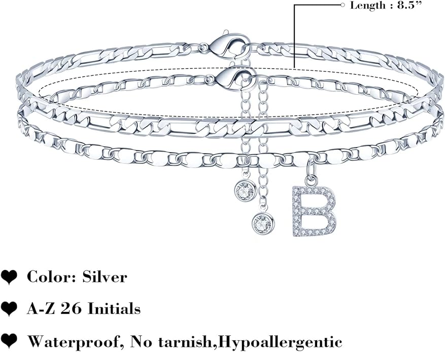 Ursteel Ankle Bracelets for Women, 14K-Gold-Plated Dainty Layered Chain CZ Initial Anklets Set Summer Jewelry Gifts for Women