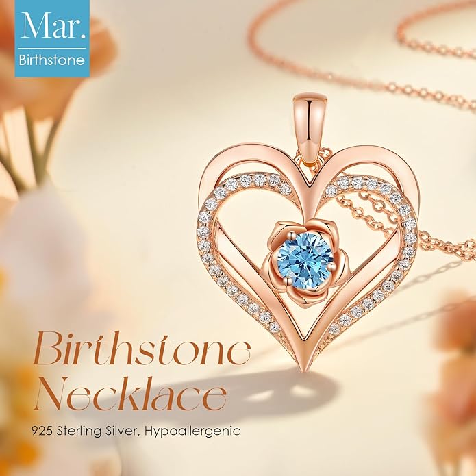 CDE Christmas Gifts for Women S925 Silver Rose Gold Heart Birthstone Necklaces for Women，Ideal Anniversary or Birthday Jewelry Gifts for Wife Girlfriend Her