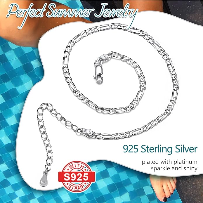 PROSILVER 925 Sterling Silver Ankle Bracelets For Women, Stylish Chain Anklets, Summer Beach Jewelry, 8.6-10.6 Inch Adjustable, Come with Box