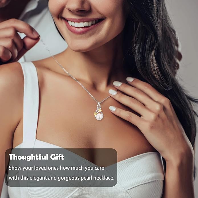 Veshon Celtic Infinity Pearl Pendant Necklace for Women, 925 Sterling Silver Good Luck Irish Pendant with 10MM Freshwater Cultured Pearl, White/Rose/ 14K Gold Plated Jewelry Gift
