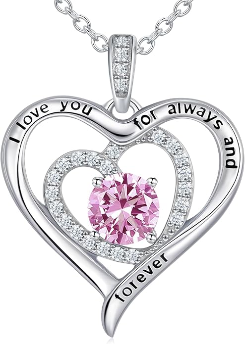 S925 Sterling Silver Necklace for Women, Christams Gift for Women, Love Heart Birthstone Necklaces for Women, Wife Jewelry, Mom Birthday Valentines Mothers Day Gifts, Girlfriend Necklaces, Daughter Heart Jewel, Anniversary for Her