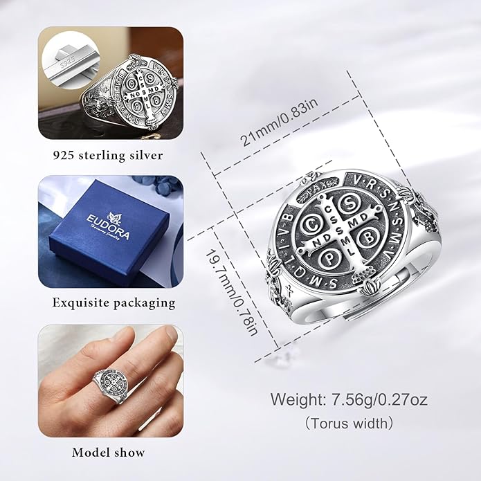 EUDORA S925 Sterling Silver St Benedict Ring San Benito Rings for Women Men, Vintage Ankh Cross Ring Saint Benedict Amulet Adjustable Rings Gifts for Women Mens Father Mother
