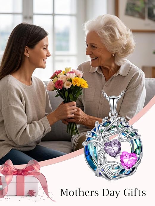 TOUPOP s925 Sterling Silver Family Celtic Tree of Life Pendant Necklaces with 2 Heart Birthstone with Blue Austrian Crystal Jewelry Birthday Anniversary Christmas Gifts for Her Wife Girlfriend Mom (18K Real White Gold Filled)
