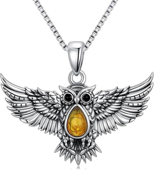 Genuine Amber Flying Hawk Eagle Necklace 925 Sterling Silver vintage Natural Gemstone Animal Wing Teardrop Jewelry for Women Eagle Lover