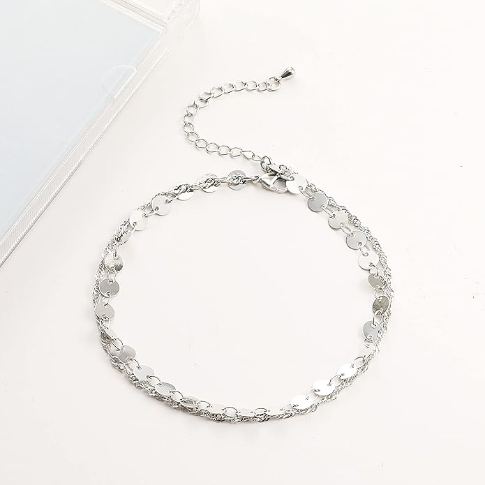 Pencros Dainty Layered Anklet,14K Gold Filled Cute Beads Satellite Chain Heart Boho Adjustable Anklets for Women