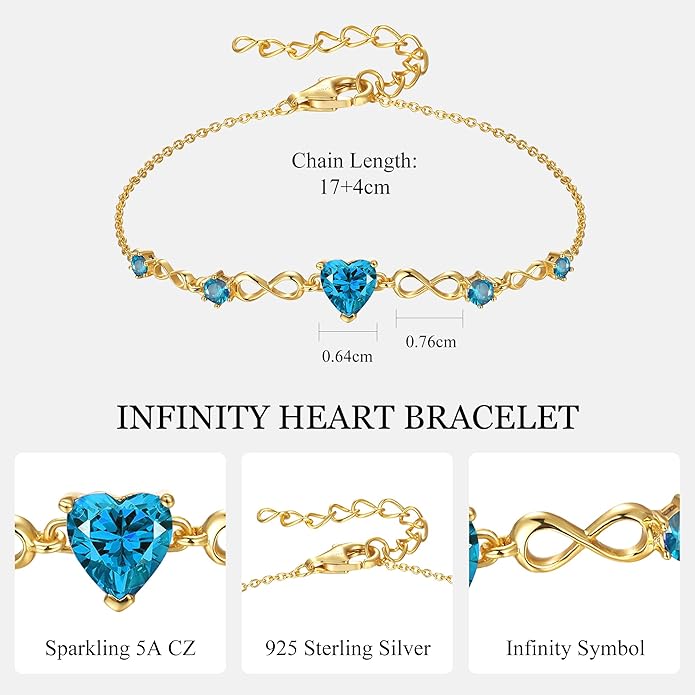 G&GEMSJEW Infinity Heart Birthstone Bracelets for Women, 925 Sterling Silver Women Charm Link Bracelet Adjustable, Birthday Anniversary Christmas Jewelry Gifts for Women Wife Mom Girlfriend Her