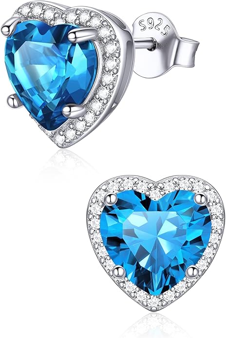 ChicSilver 925 Sterling Silver Birthstone Earrings for Women, 8MM/2 Carat Heart & Round Cubic Zirconia Stud Earrings, Hypoallergenic Jewelry, Ideal Birthday or Christmas Gifts