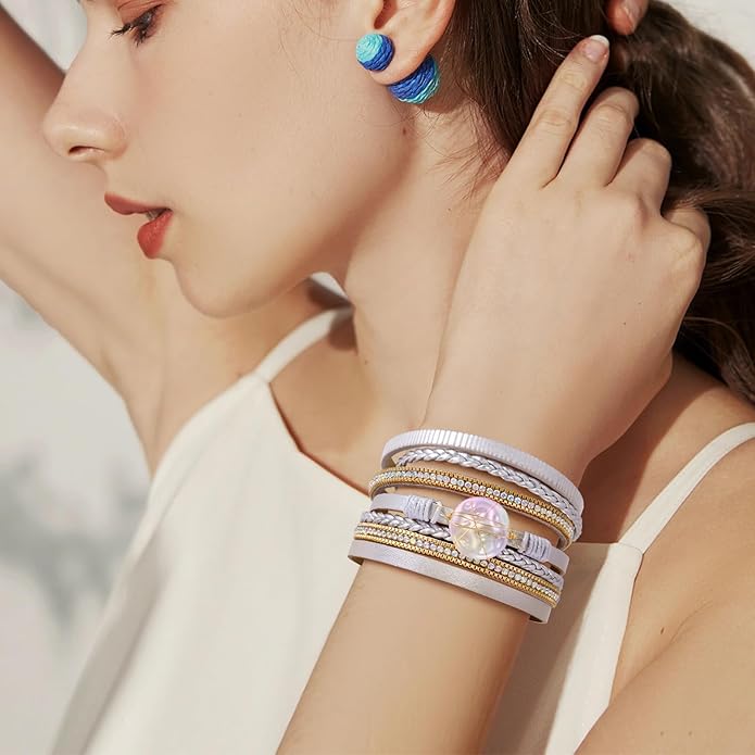 ENGCKSHI Wrapped Bracelets for Women,Leather Bracelet,Boho Bracelets for Women,Multi-Layer Pearl Crystal Bracelet Bangle Jewelry